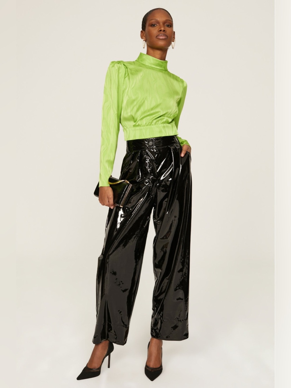 Ronny Kobo Green Satin Jacquard Puff Sleeve Crop Top Size 4